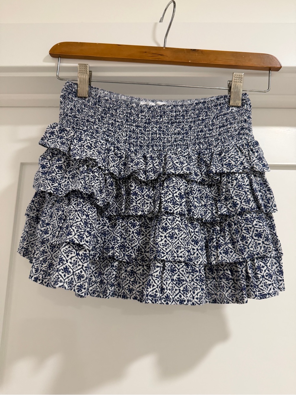 Smocked Waist Blue & White Mini Skirt with Tiered Ruffles